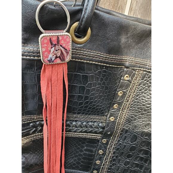 Handmade mule lover boho Leather Fringe Western bag charm, Long fringe keychain - Picture 2 of 5
